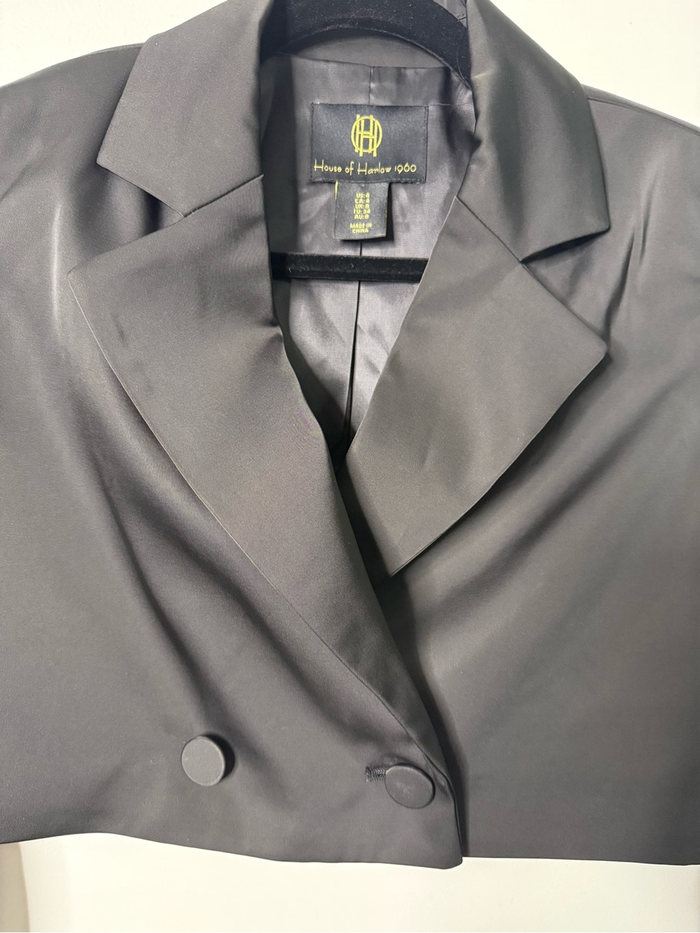 House of Harlow 1960 Black Cropped Double-Button Satin Blazer Preppy Jacket - Picture 3 of 4